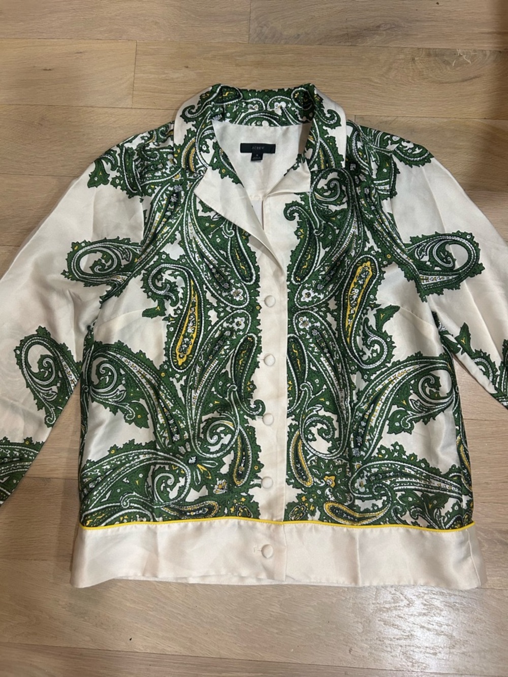 Silk-Blend Green Paisley Button-Front Top - Picture 2 of 4